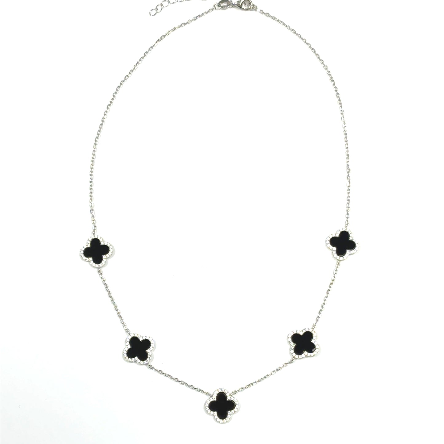 Sterling Silver CZ & Black Enamel Clover Scatter Necklet