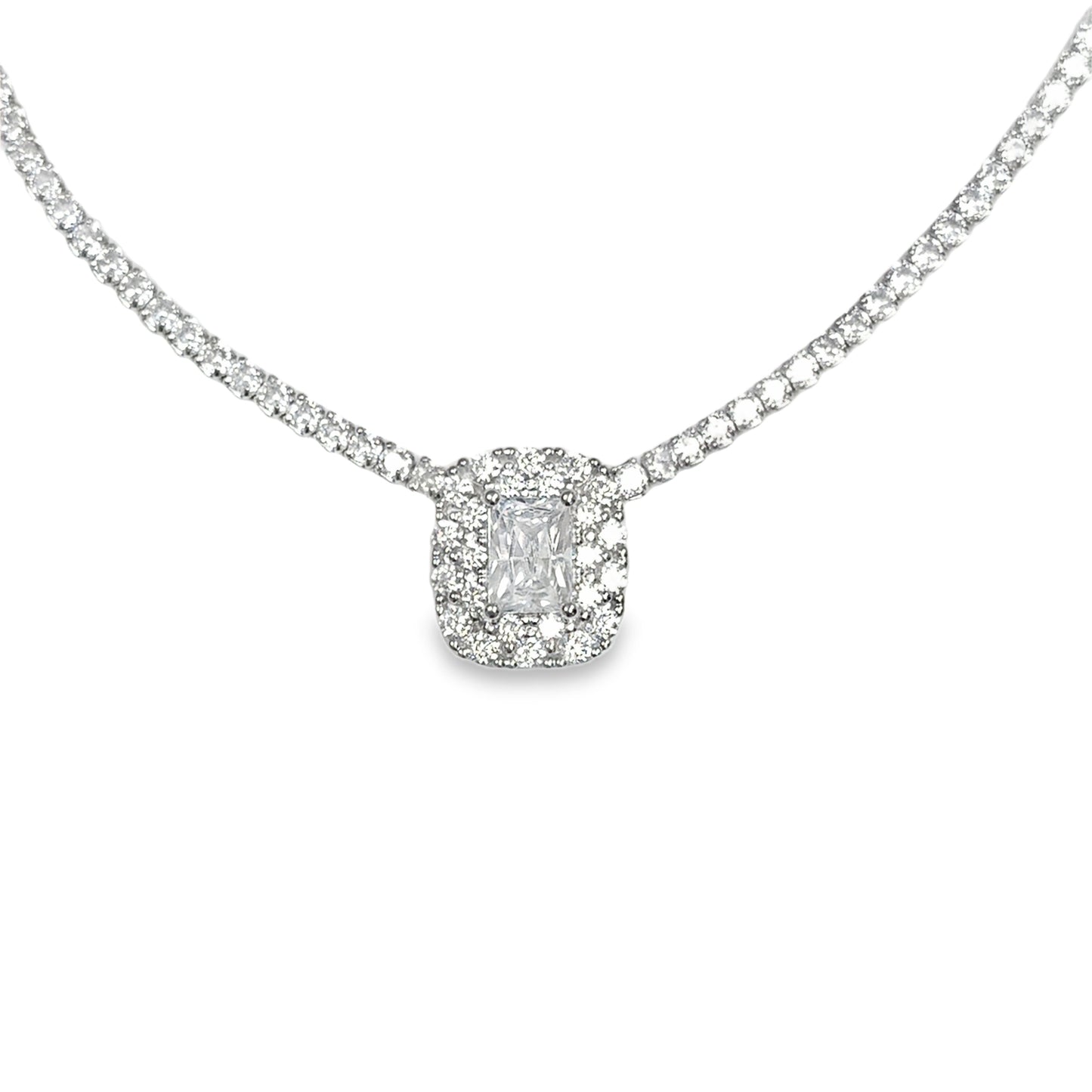 Sterling Silver CZ Tennis Necklet With Square Cluster Centre