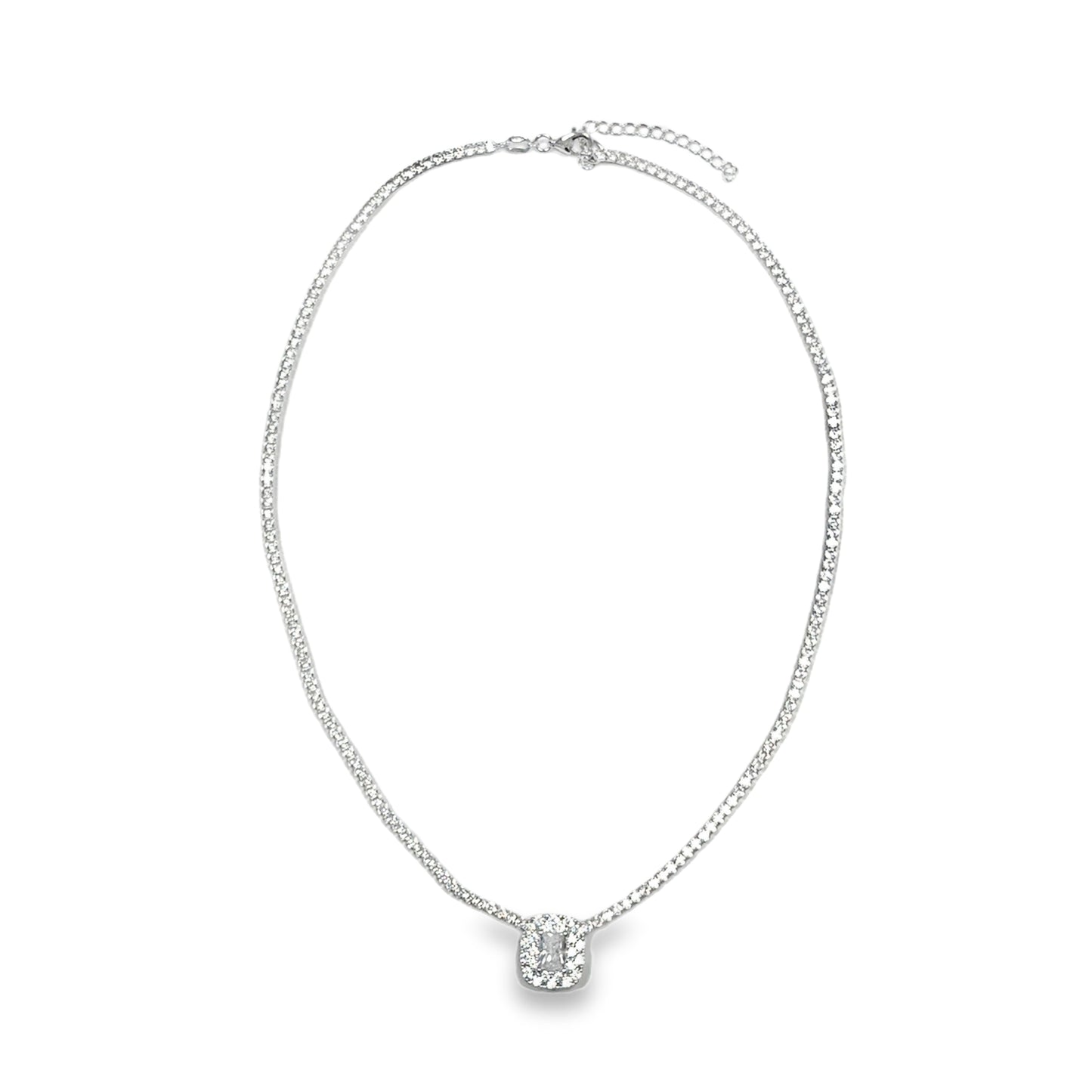 Sterling Silver CZ Tennis Necklet With Square Cluster Centre