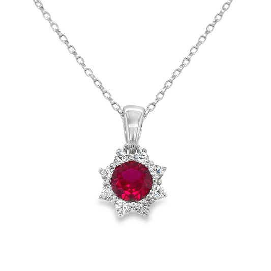 Sterling Silver CZ Round Halo Pendant With Red Centre