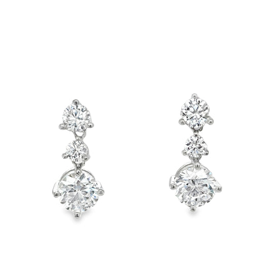 Sterling Silver Three Stone Round CZ Drop Earrings