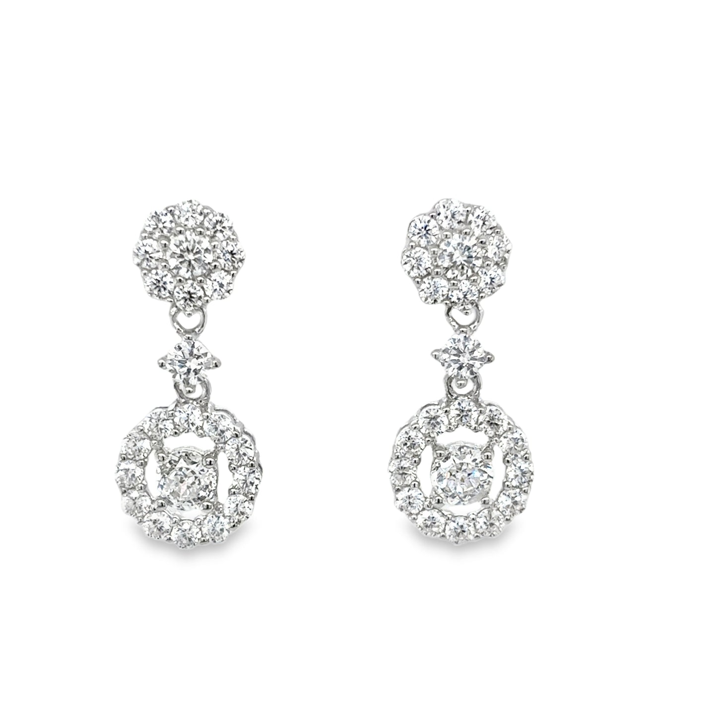 Sterling Silver Round CZ Cluster Drop Earrings
