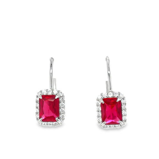 Sterling Silver Red CZ Emerald Cut Cluster Drop Earrings