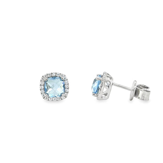 Sterling Silver Cushion Cut Blue CZ Cluster Stud Earrings