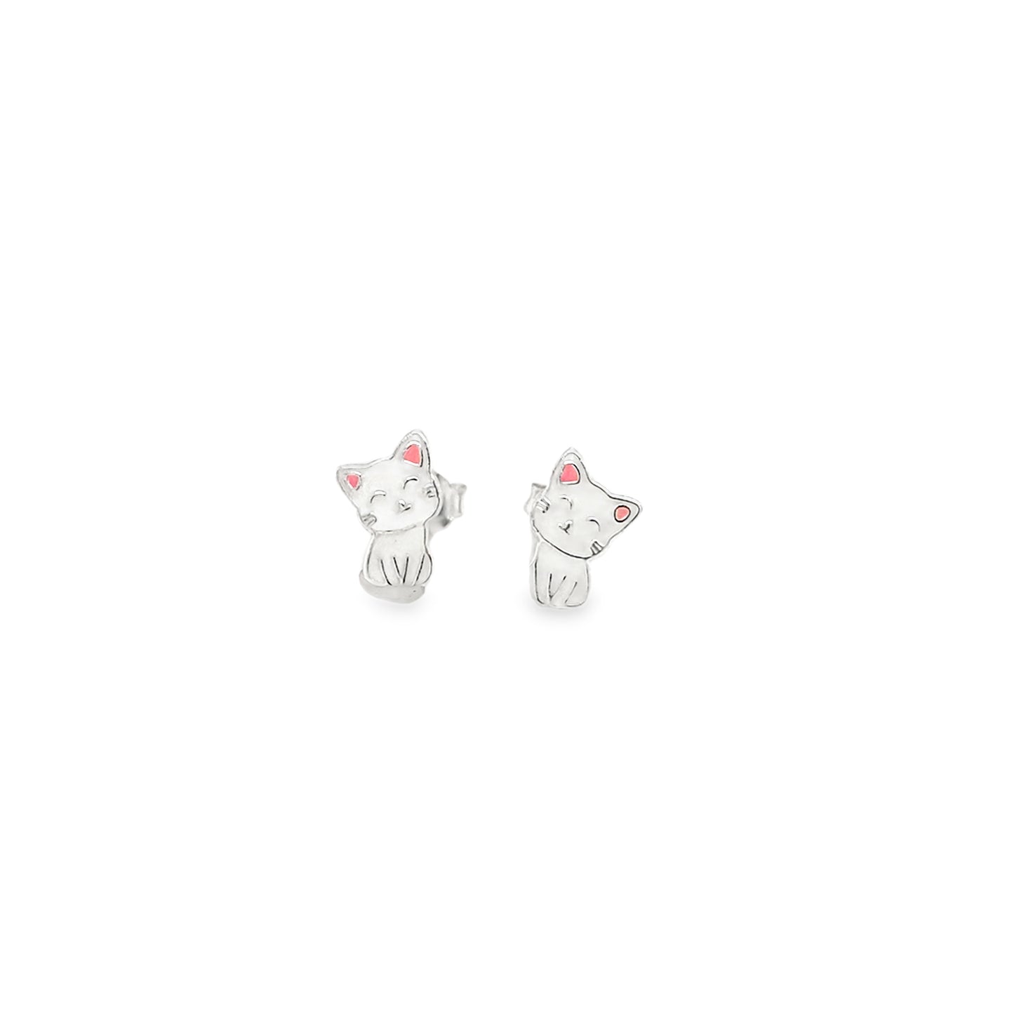Sterling Silver Kids Enamel White Cat Earrings