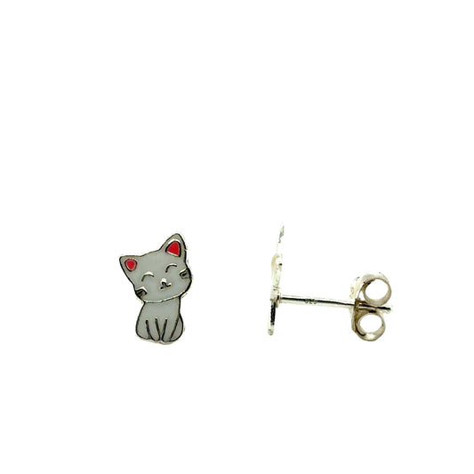 Sterling Silver Kids Enamel White Cat Earrings