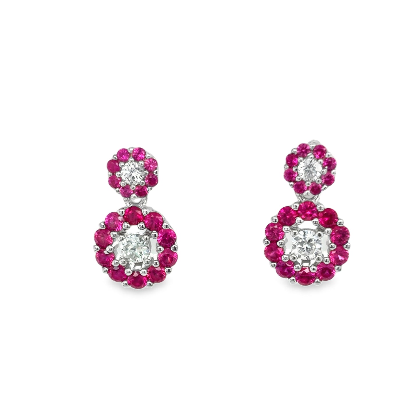 Sterling Silver Red CZ Double Cluster Drop Earrings