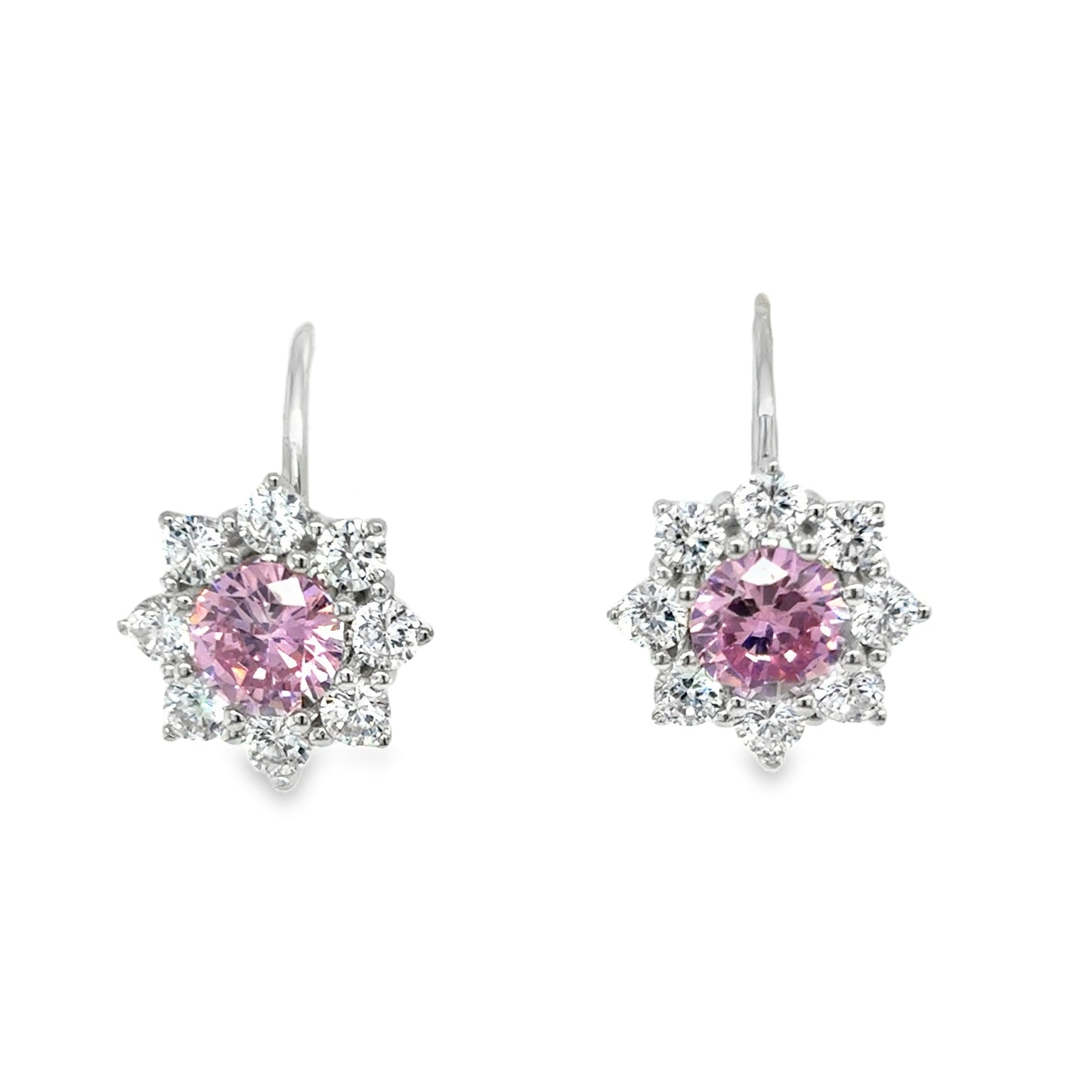 Sterling Silver Pink CZ Flower Cluster Drop Earrings