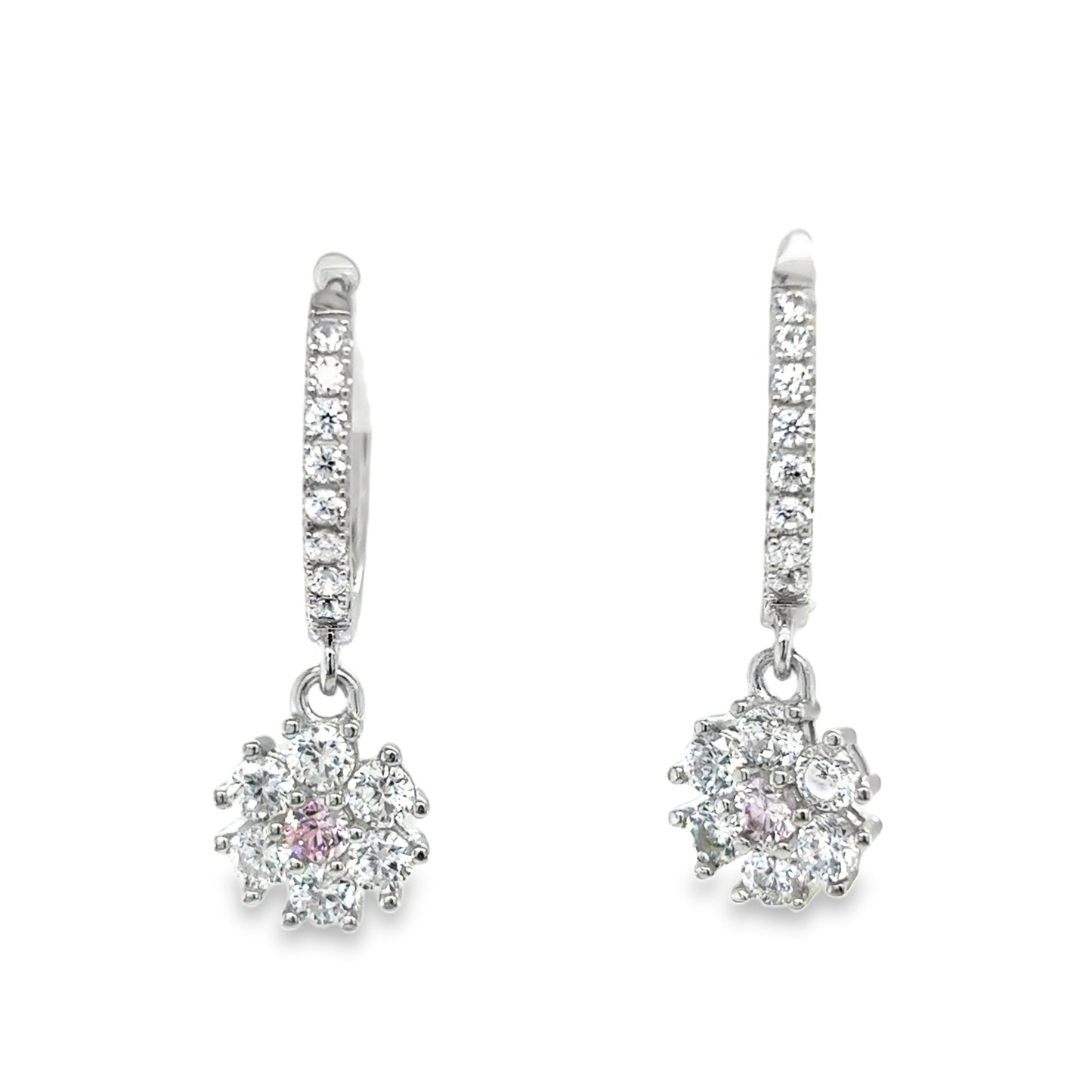 Sterling Silver CZ and Pink Flower Cluster Huggy Drop Earrings