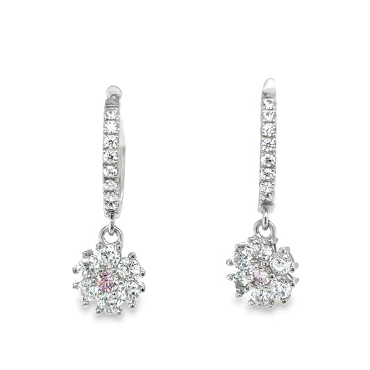 Sterling Silver CZ and Pink Flower Cluster Huggy Drop Earrings