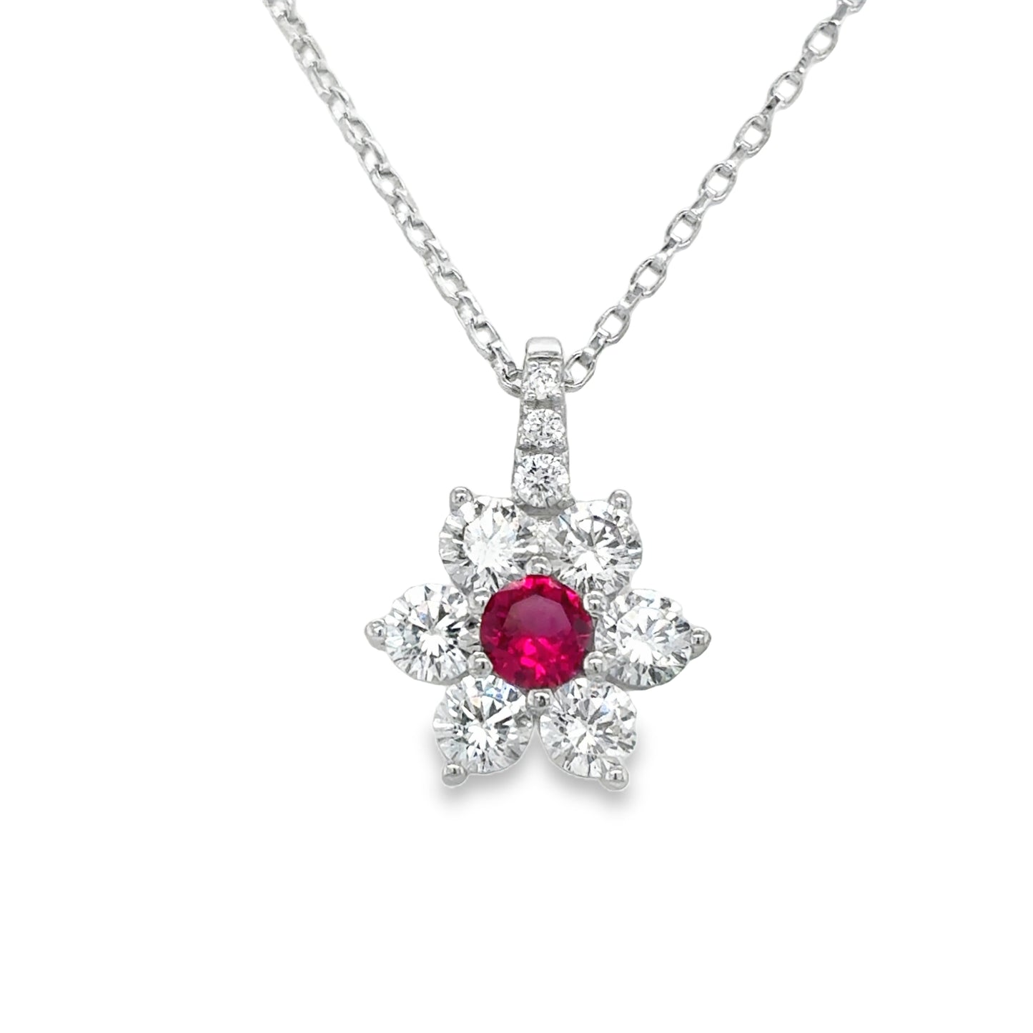 Sterling Silver CZ Flower Pendant With Red Centre
