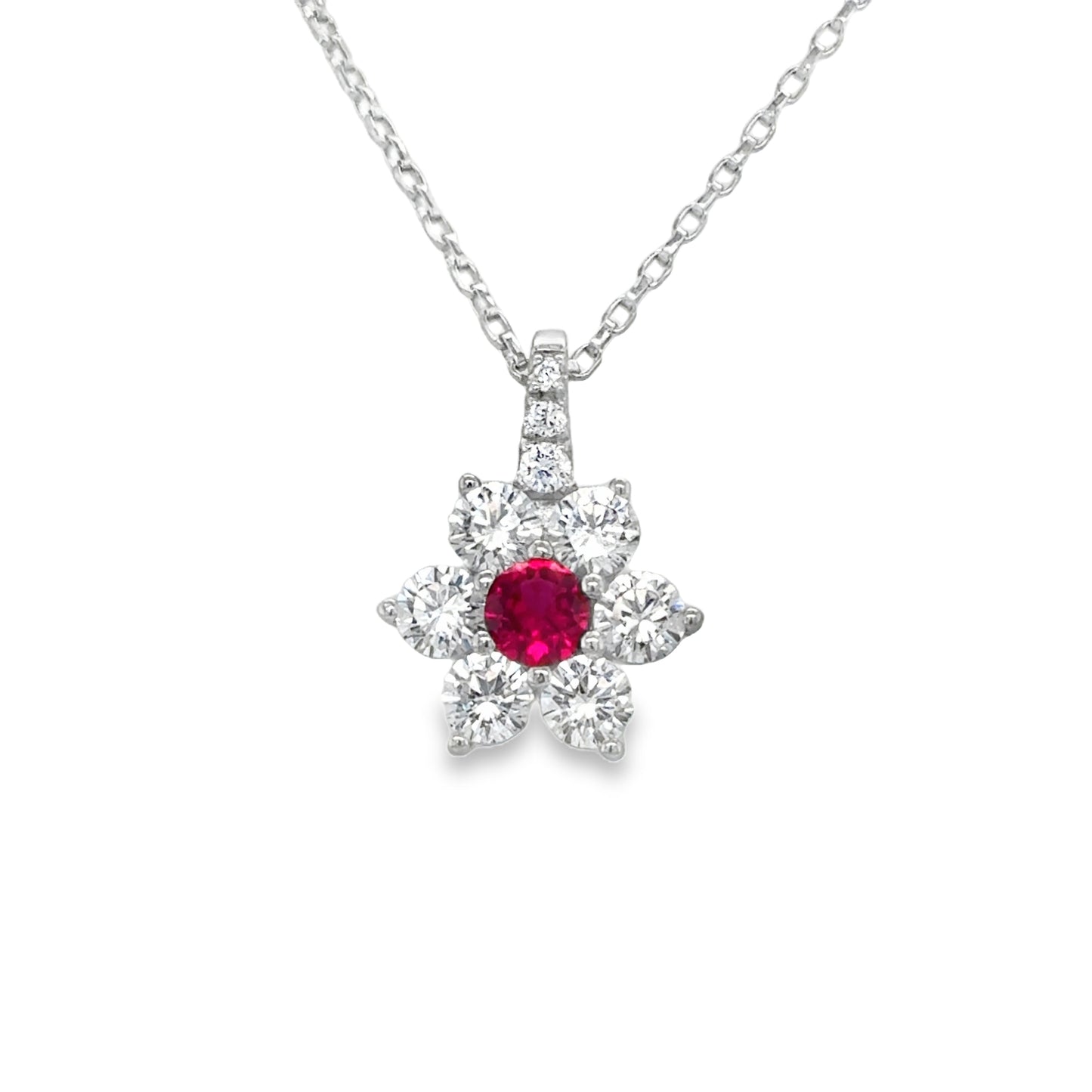 Sterling Silver CZ Flower Pendant With Red Centre