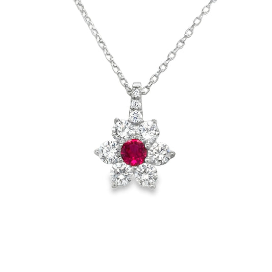 Sterling Silver CZ Flower Pendant With Red Centre