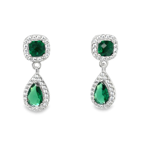 Sterling Silver Cushion and Pear Cut Green CZ Cluster Drop Earrings