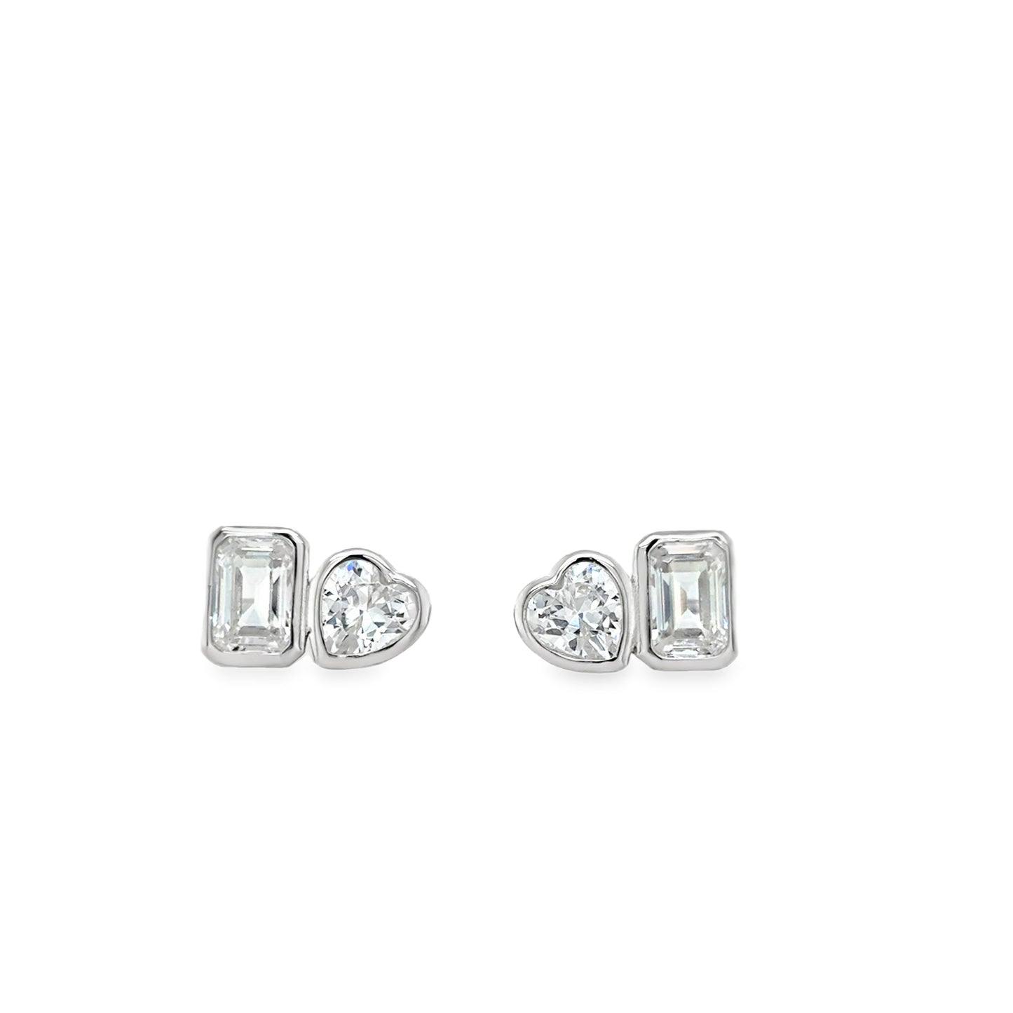 Sterling Silver Rubover Emerald Cut and Heart CZ Stud Earrings