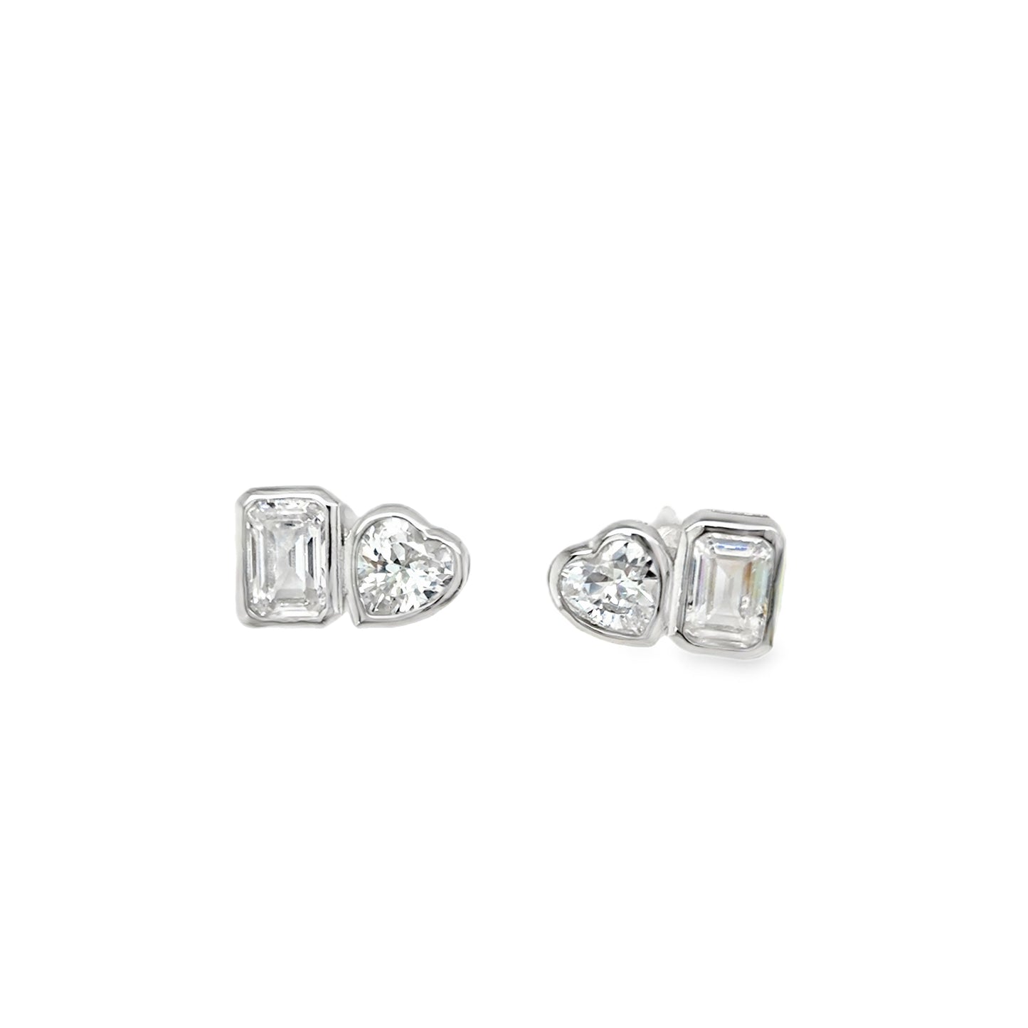 Sterling Silver Rubover Emerald Cut and Heart CZ Stud Earrings