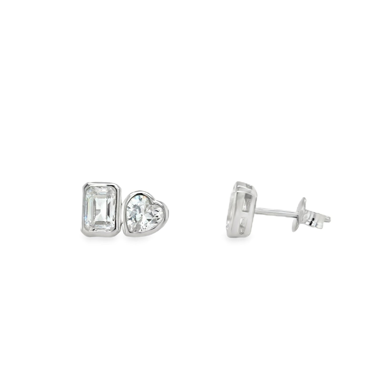 Sterling Silver Rubover Emerald Cut and Heart CZ Stud Earrings