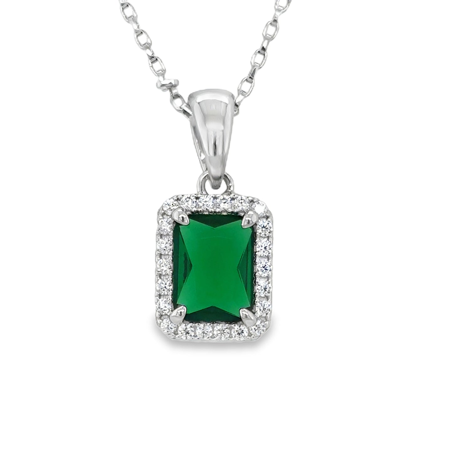 Sterlng Silver CZ Green Pendant With Halo
