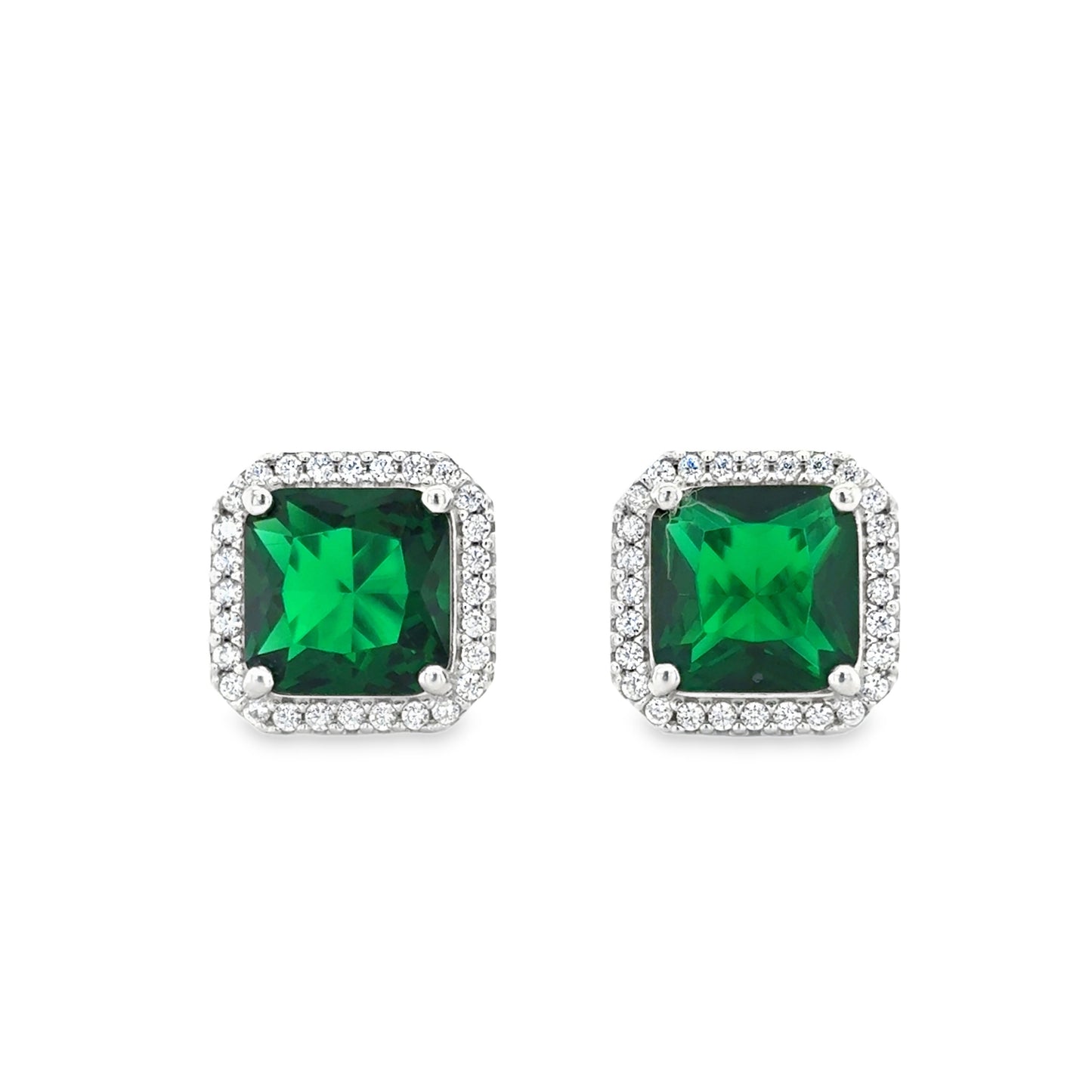 Sterling Silver Square Green Cz Cluster Earrings