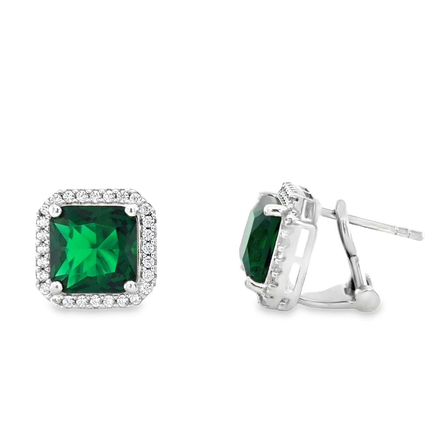 Sterling Silver Square Green Cz Cluster Earrings