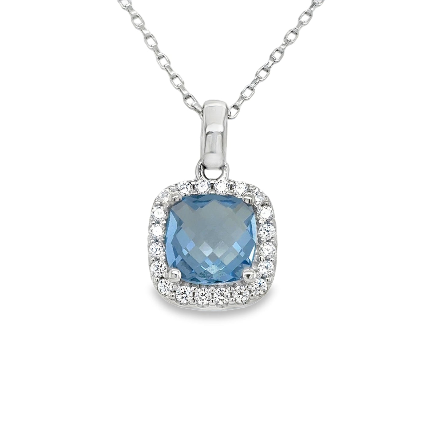 Sterling Silver Cushion Cut Blue CZ Pendant with CZ Halo
