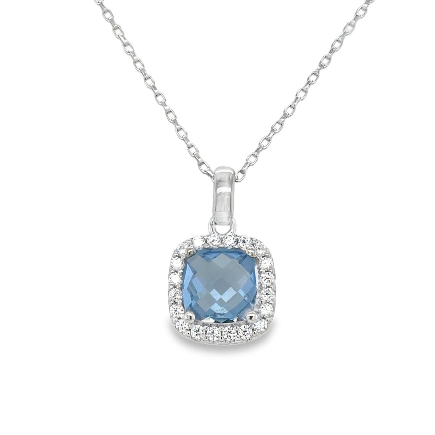 Sterling Silver Cushion Cut Blue CZ Pendant with CZ Halo
