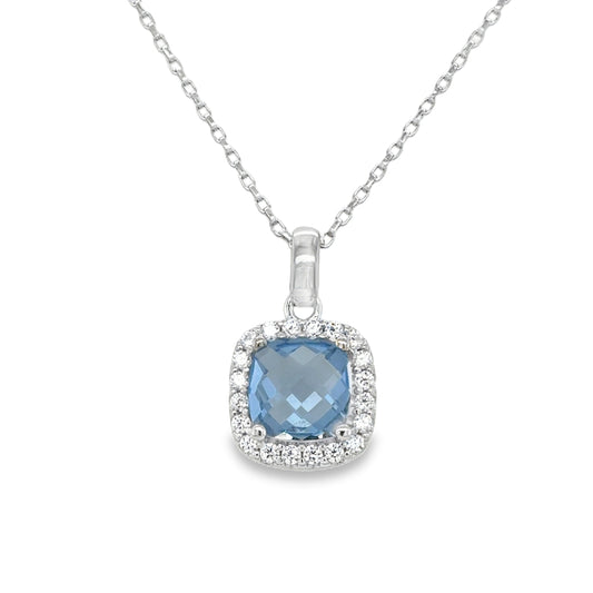 Sterling Silver Cushion Cut Blue CZ Pendant with CZ Halo