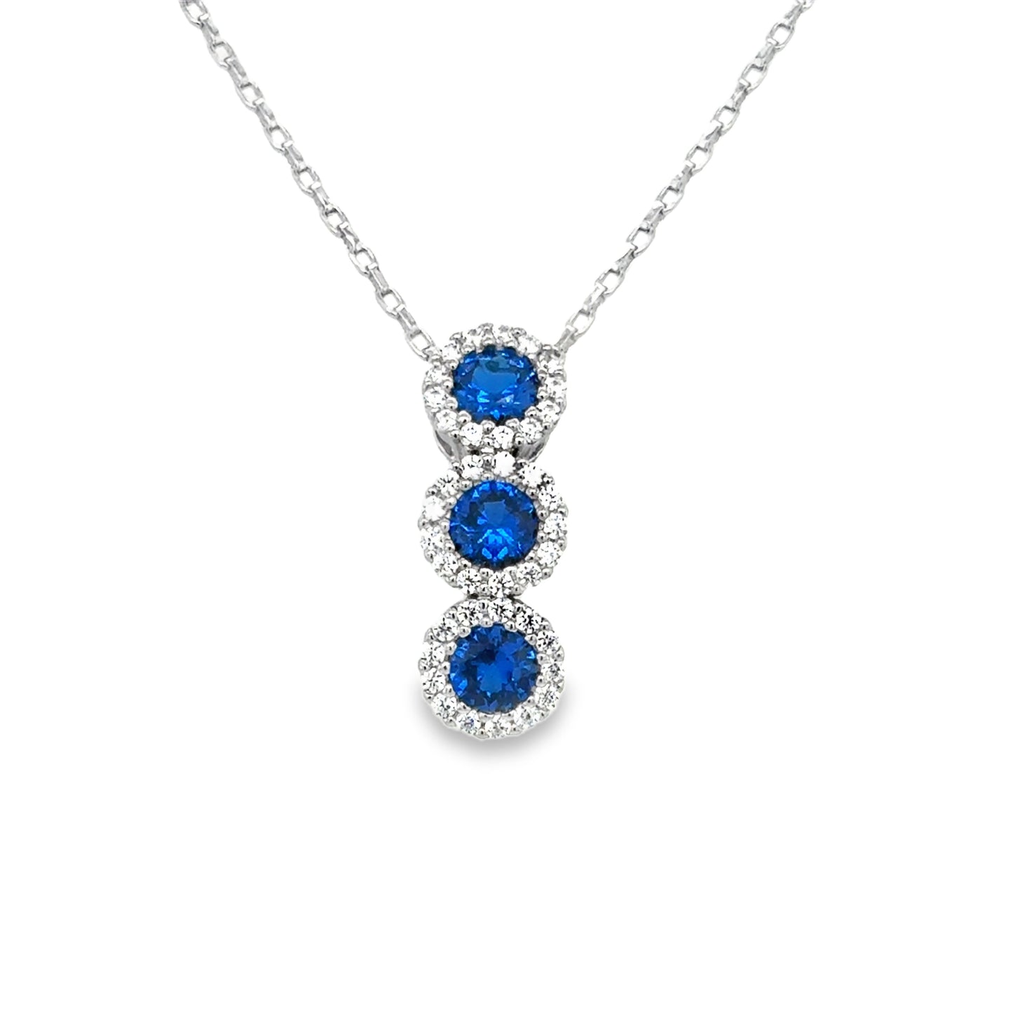 Sterling Silver Cubic Zirconia And Blue Stone 3 Cluster Pendant