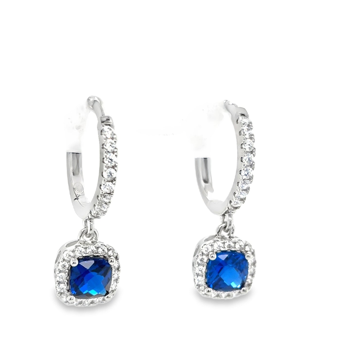 Sterling Silver Cushion Cut Blue CZ Huggy Drop Earrings