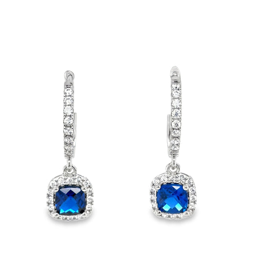 Sterling Silver Cushion Cut Blue CZ Huggy Drop Earrings