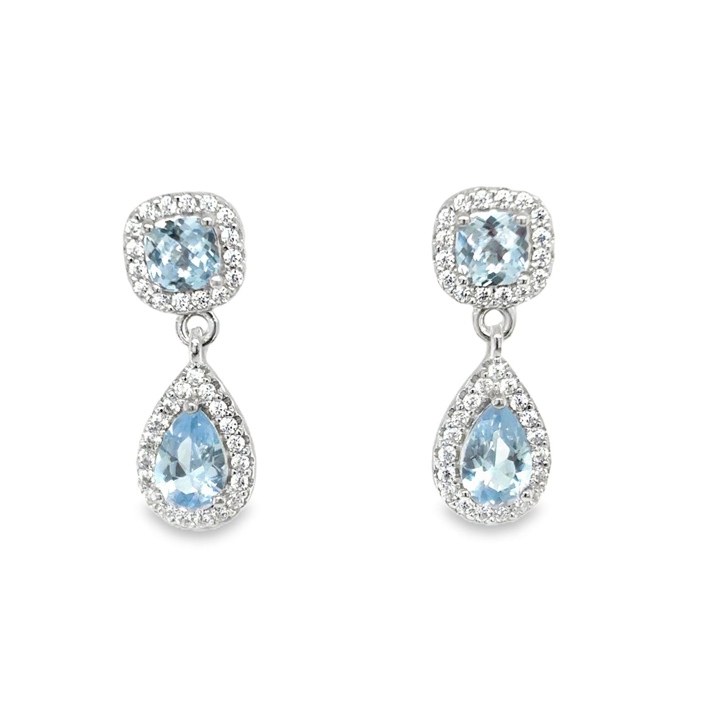 Sterling Silver Cushion and Pear Cut Blue CZ Cluster Drop Earrings