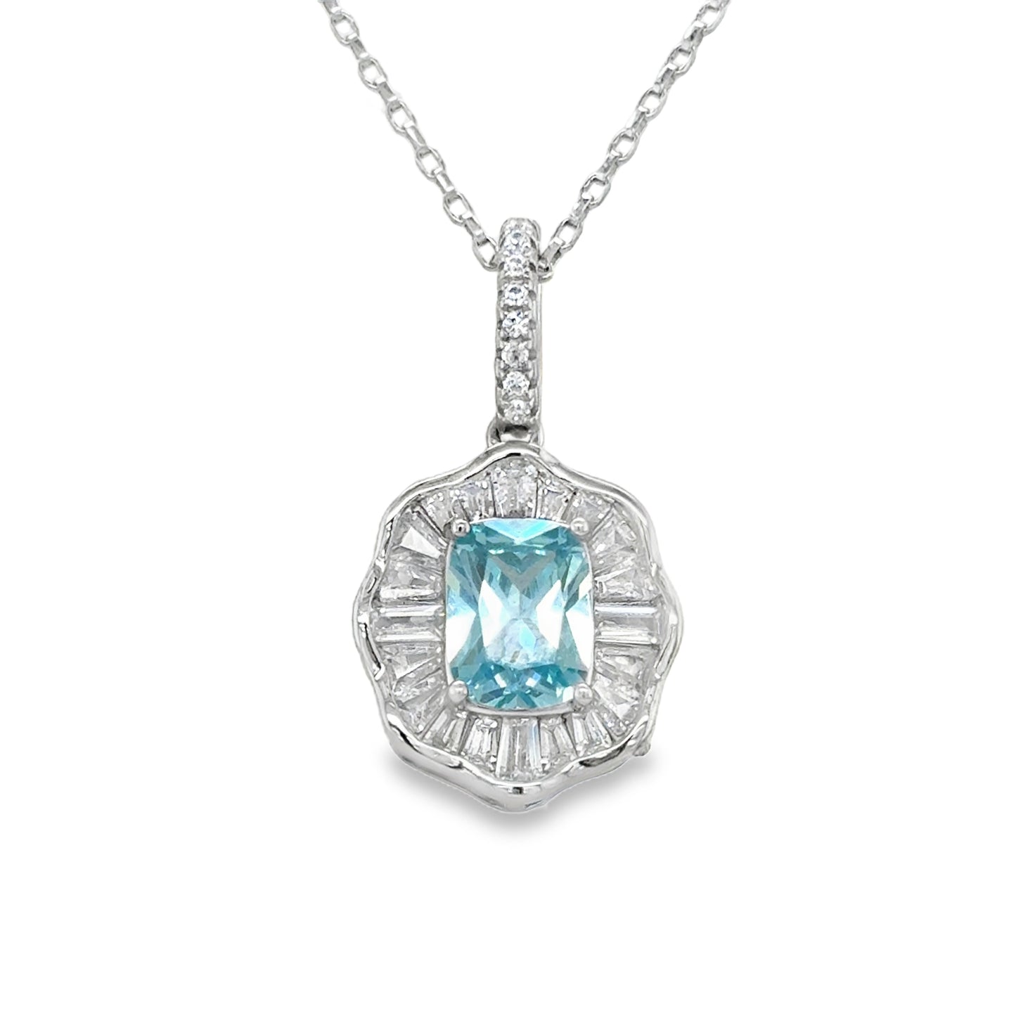 Sterling Silver CZ White & Blue Oval Antique Style Cluster Pendant