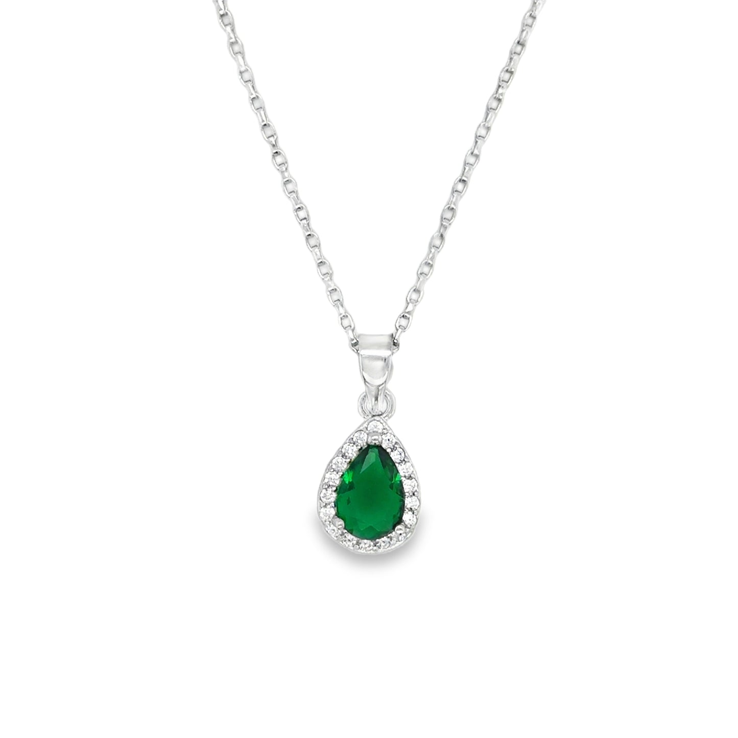 Sterlng Silver CZ Green Pear Pendant With Halo