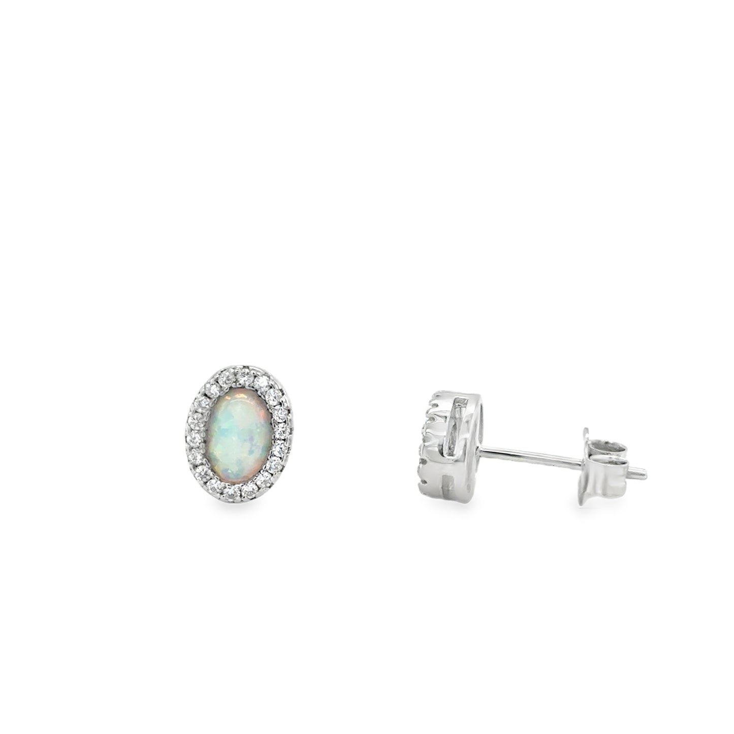 Sterling Silver Oval Opal Earrings with CZ Halo
