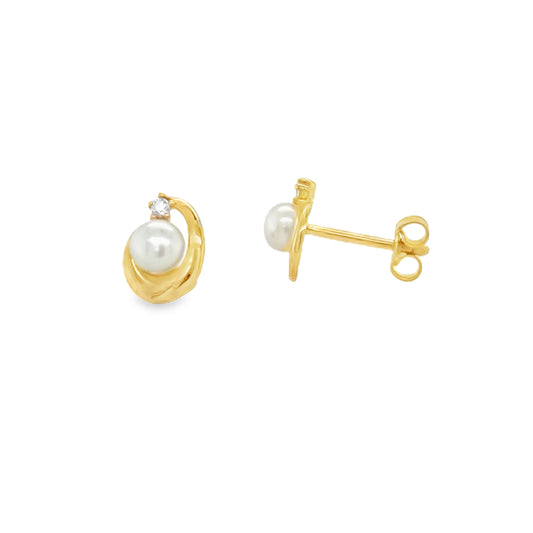 9ct Freshwater Pearl & CZ Swirl Stud Earrings
