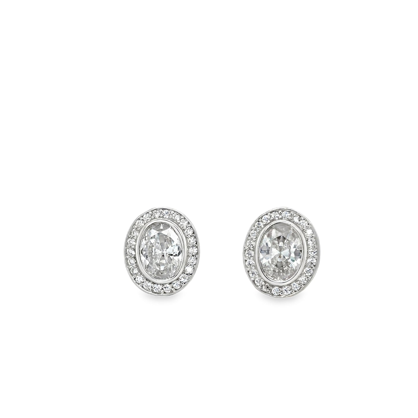 Sterling Silver Rubover Oval CZ Halo Stud Earrings