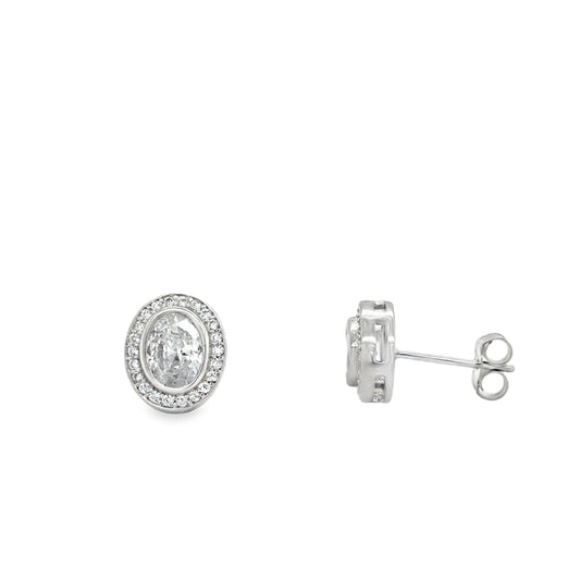 Sterling Silver Rubover Oval CZ Halo Stud Earrings