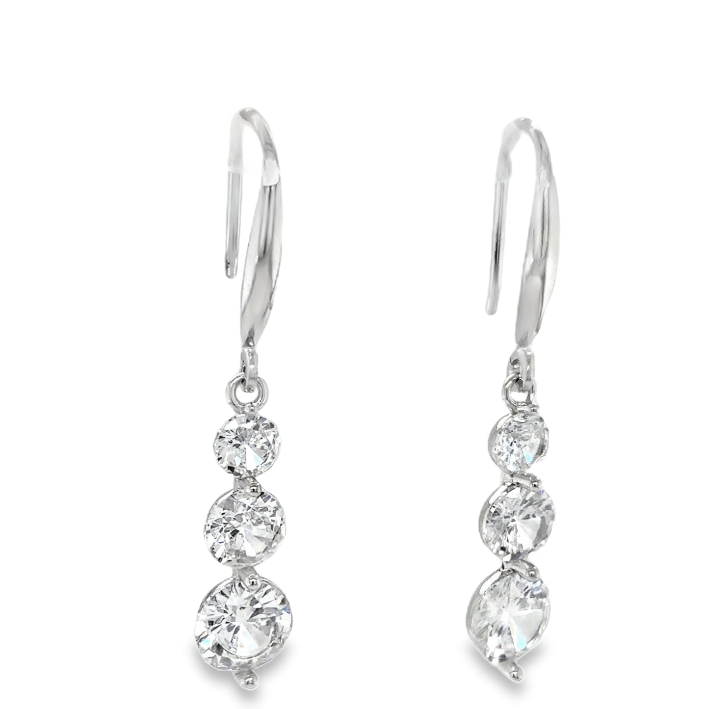 Sterling Silver Three Stone Round CZ Drop Shepard's Hook Earrings