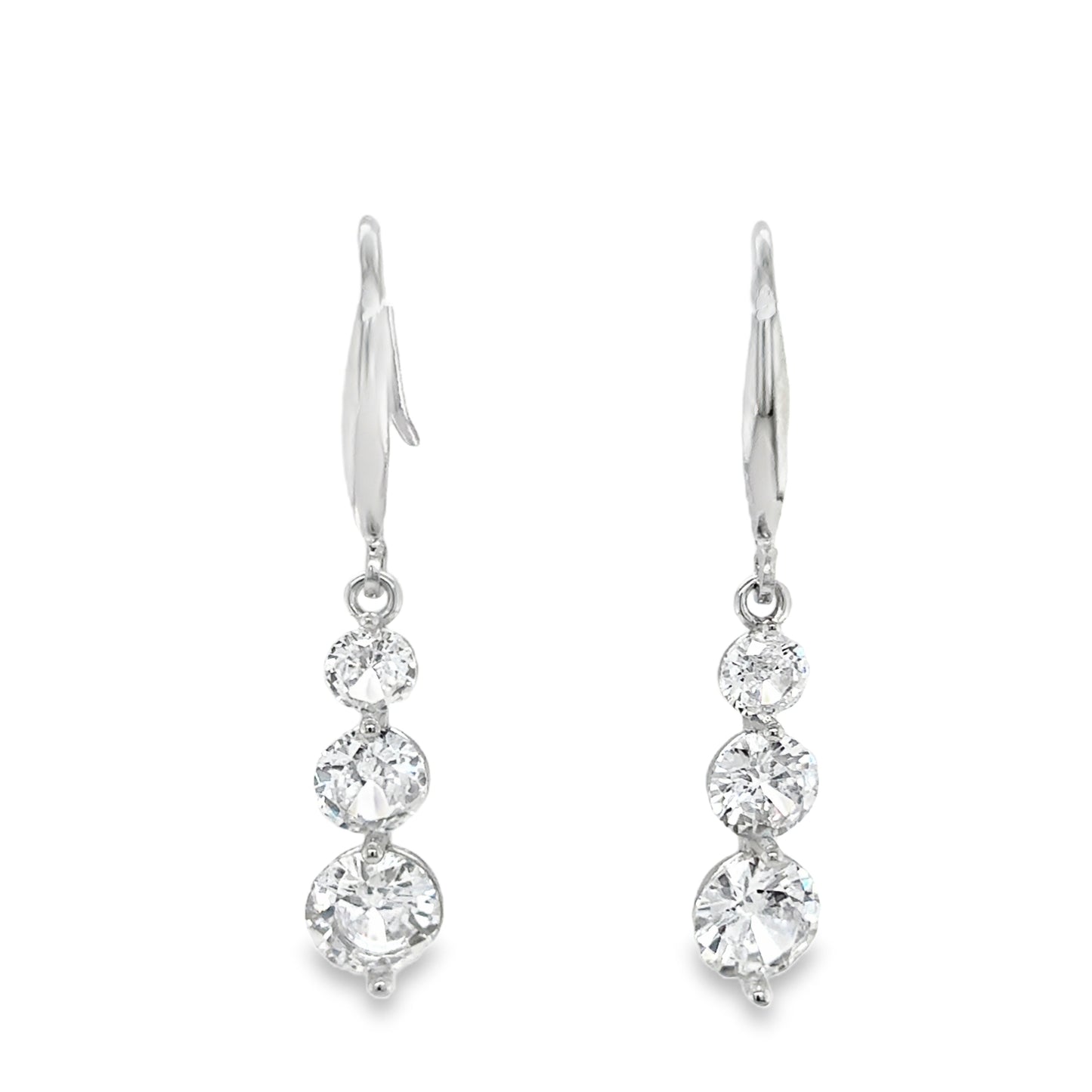 Sterling Silver Three Stone Round CZ Drop Shepard's Hook Earrings