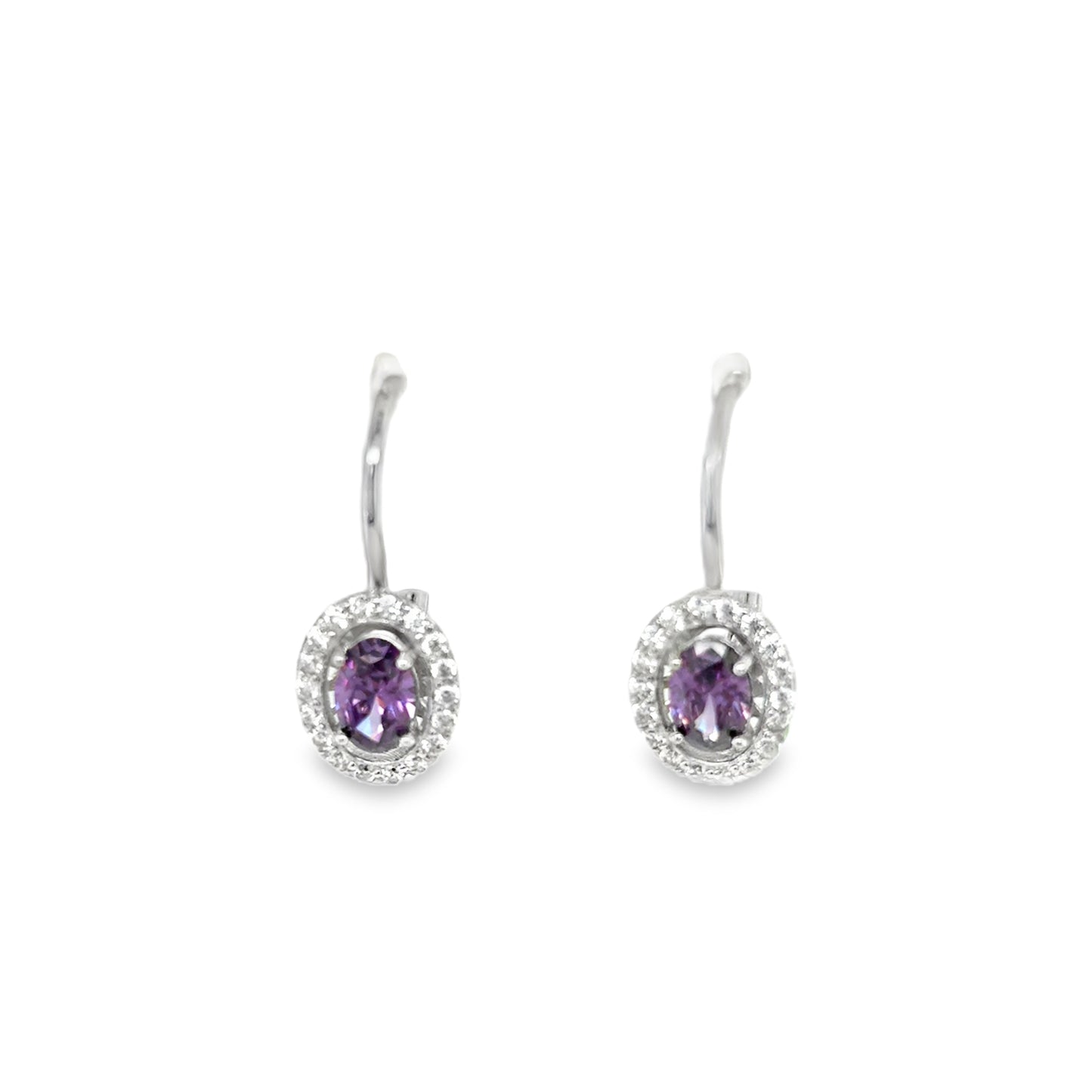 Sterling Silver Oval Amethyst and CZ Halo Drop Earrings