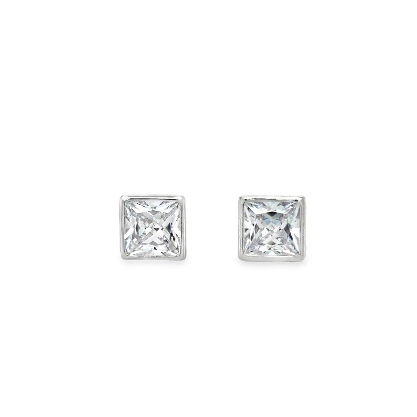 Sterling Silver Rubover Set Princess Cut CZ Stud Earrings