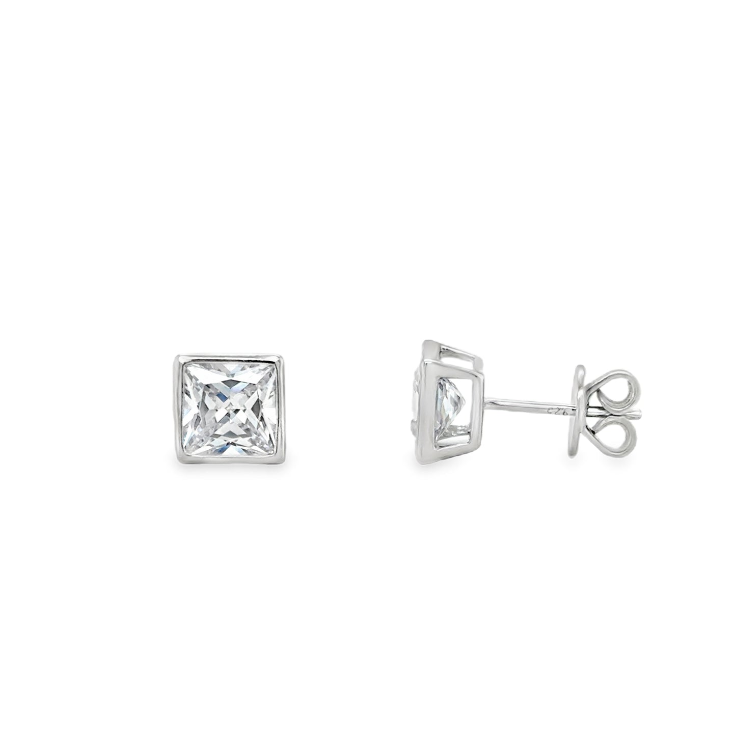 Sterling Silver Rubover Set Princess Cut CZ Stud Earrings