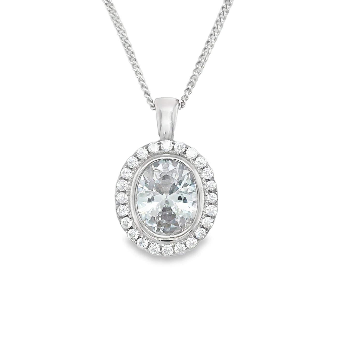 Sterling Silver Rubover Set Oval CZ Halo Pendant