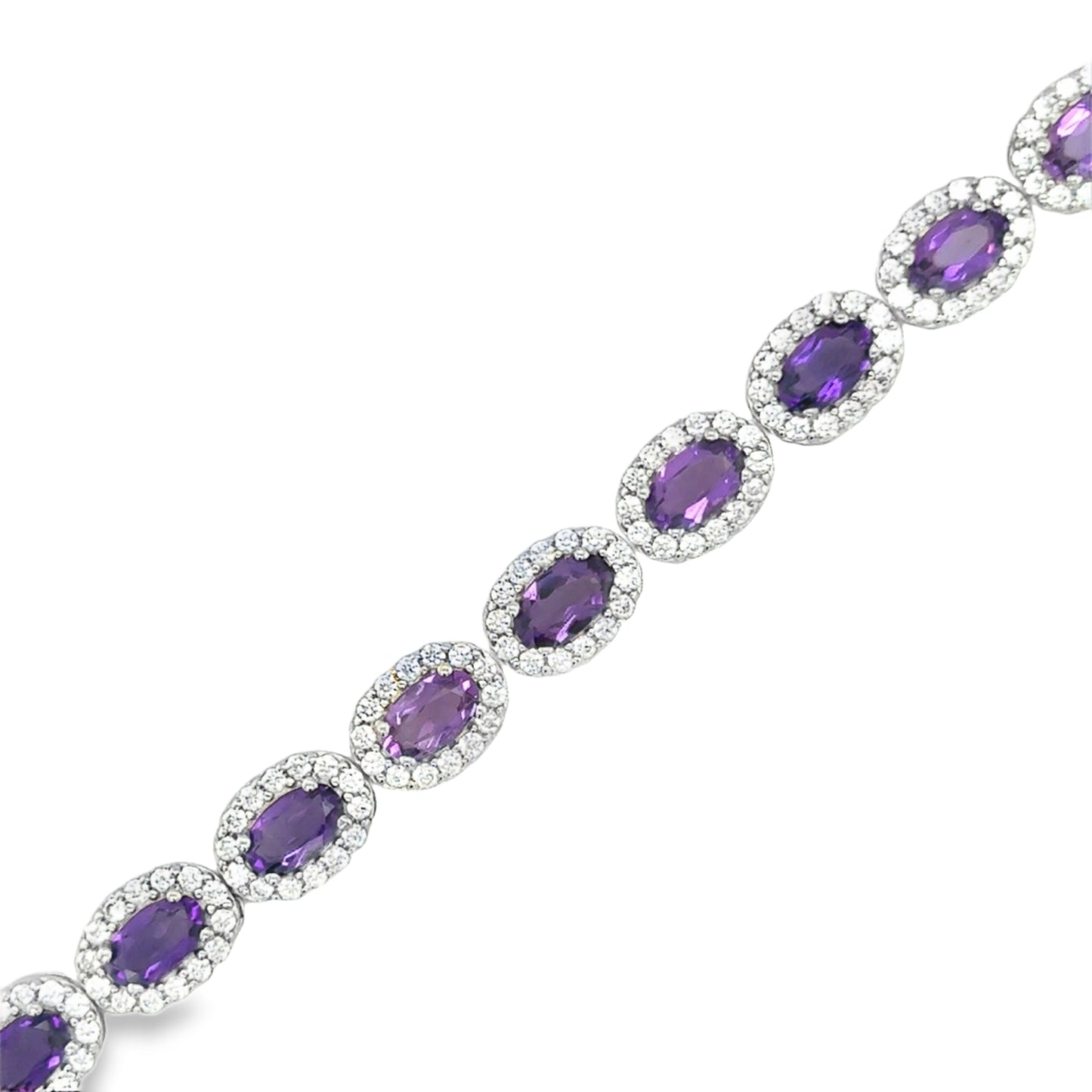 Sterling Silver Oval Amethyst and CZ Cluster Tennis Bracelet
