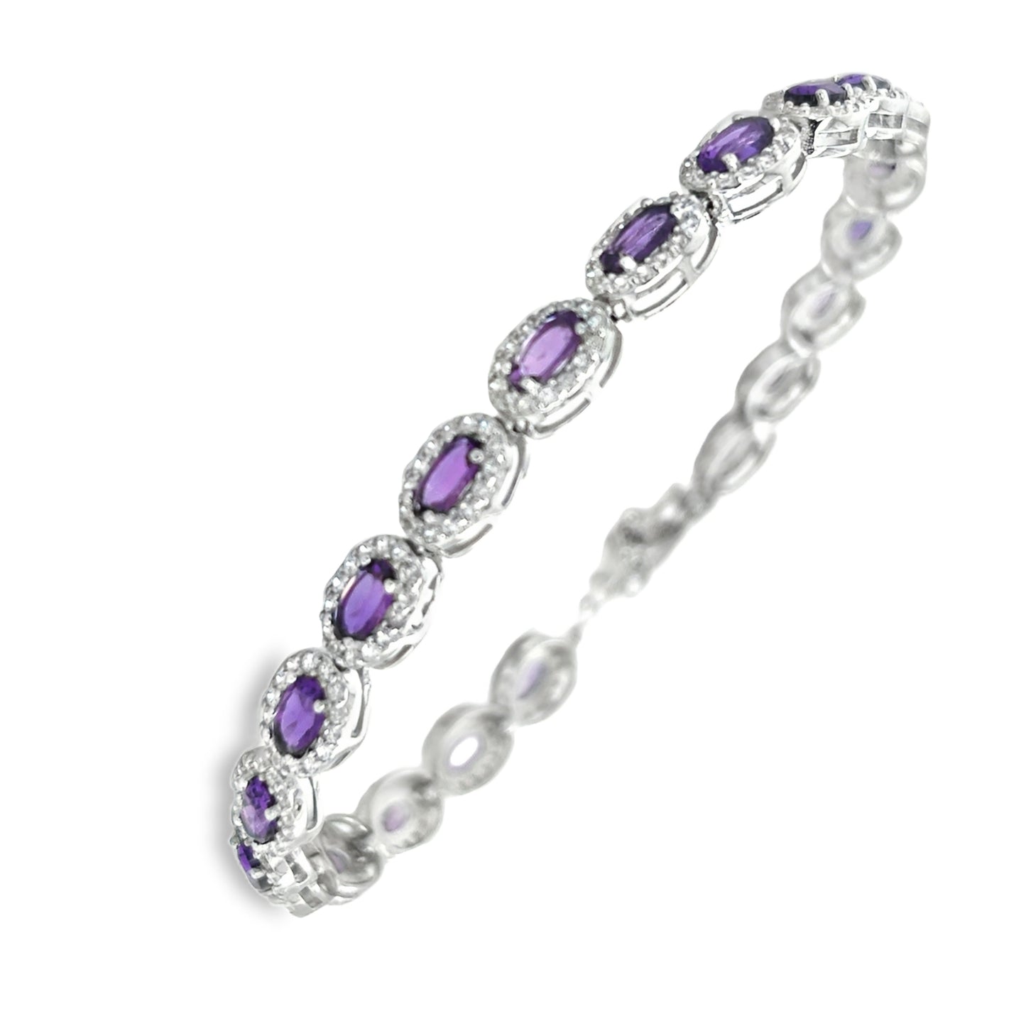 Sterling Silver Oval Amethyst and CZ Cluster Tennis Bracelet