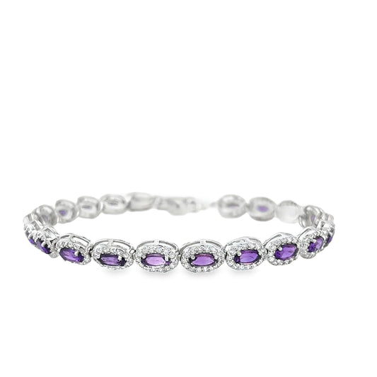 Sterling Silver Oval Amethyst and CZ Cluster Tennis Bracelet