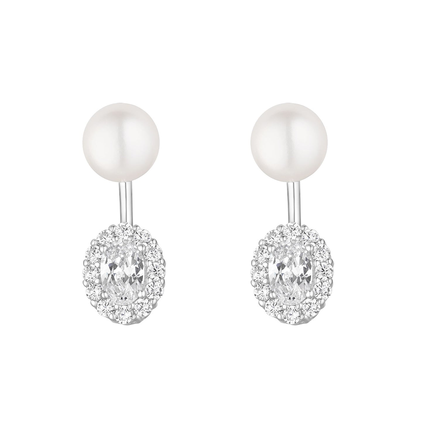 Sterling Silver 7mm Freshwater With CZ Oval Clust Earring