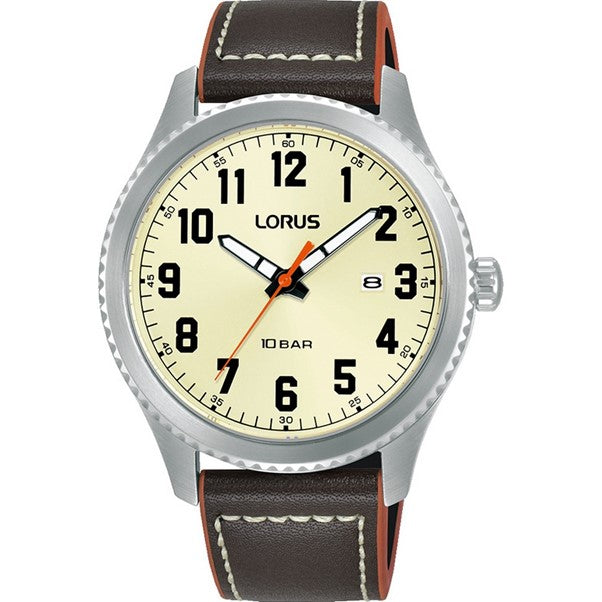 Gents Lorus Cream Dial Brown Strap Watch