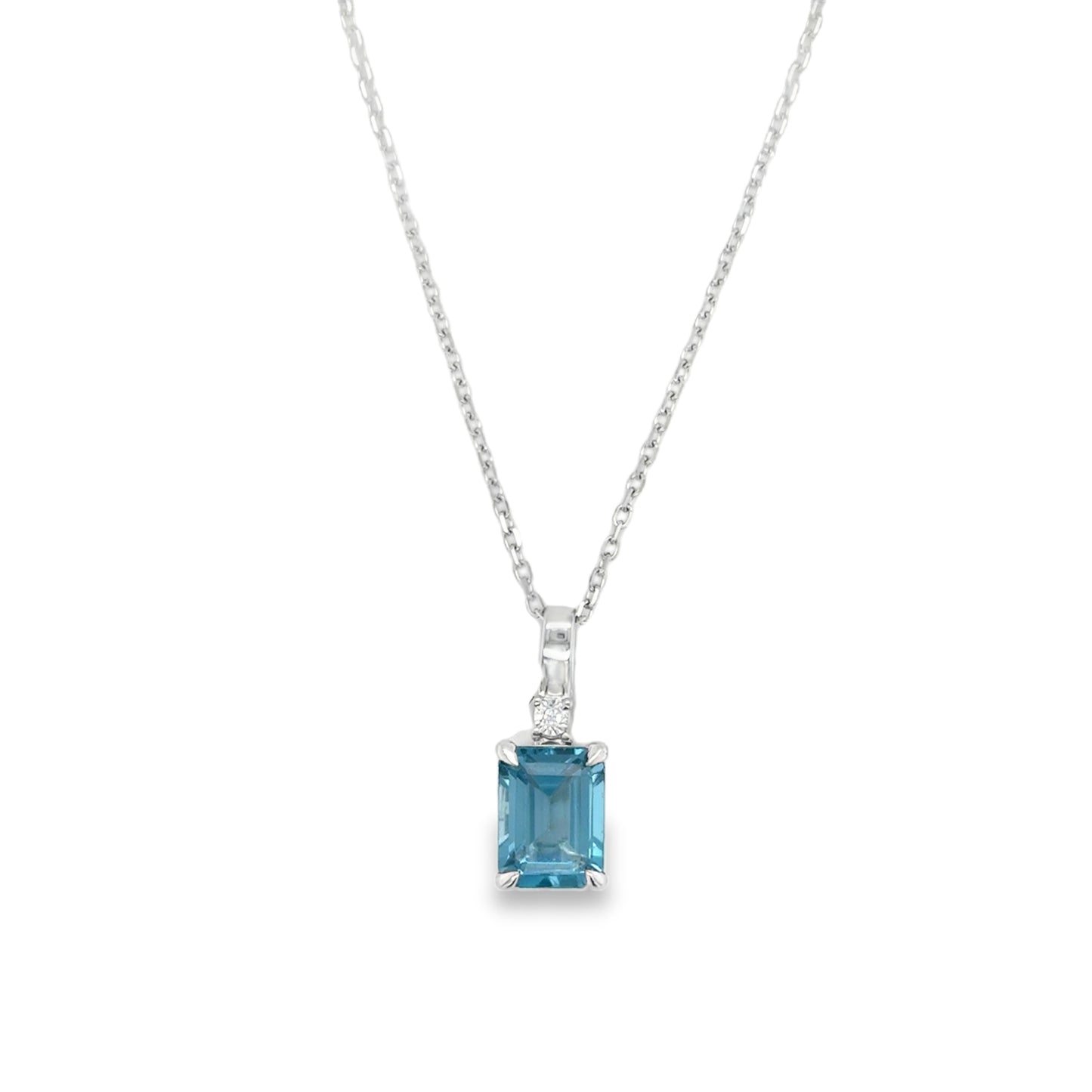 9ct White Gold CZ & Swiss Blue Topaz Emerald Cut Pendant 1.94ct