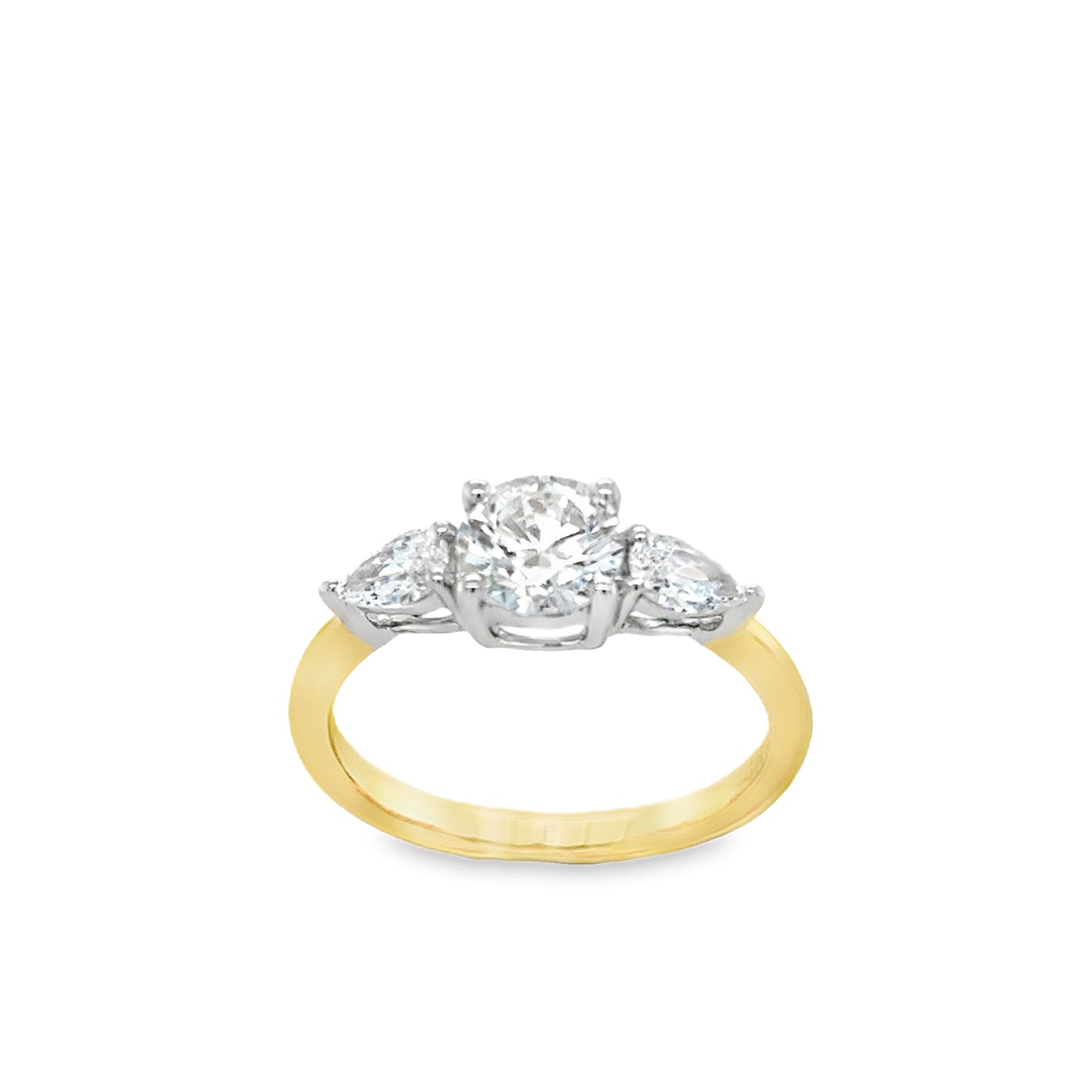 9ct Yellow Gold Three Stone Round and Pear Cut CZ Ring